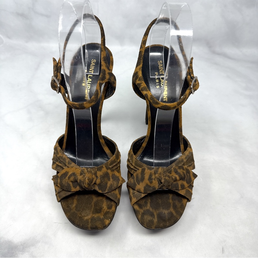 Saint Laurent Bianca Bow 105 Leopard Suede Platform Stiletto Sandal Heels Brown - Picture 5 of 16